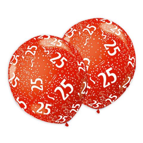 Metallic-Geburtstagsballons mit der Zahl  25 und Konfetti aufgedruckt.