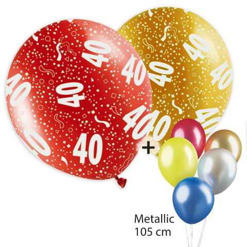 Bunte Ballons, bedruckt mit "40" und Konfetti plus bunt gemischte Ballontraube mit Metallicballons.