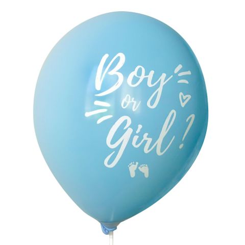 Hellblaue Ballons mit weißem Aufdruck "Boy or girl?" und Füßchen und Herzchen.