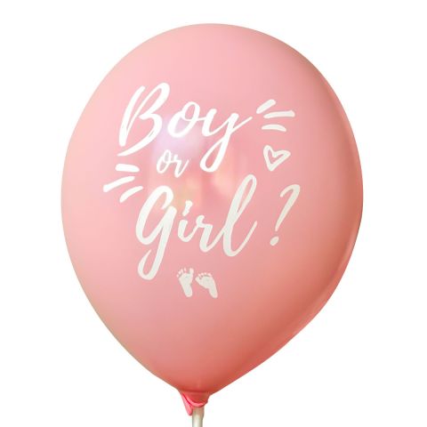 Rosa Luftballon mit weißem Aufdruck "Boy or girl?" und Füßchen und Herzchen.