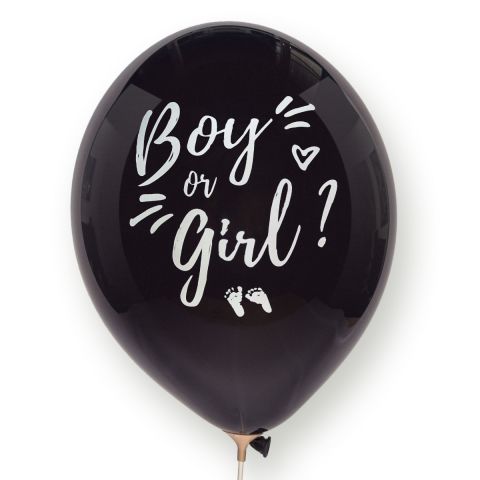 Schwarzer Ballon mit weißer Aufschrift "Boy or girl?", Herzchen und Füßchen.
