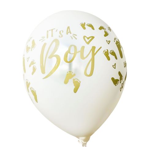 weiße Ballons mit Aufdruck in gold "It's a boy"  mit Füsschen, rundum bedruckt.