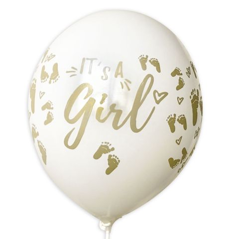 weiße Ballons mit Aufdruck in gold "It's a girl"  mit Füsschen, rundum bedruckt.