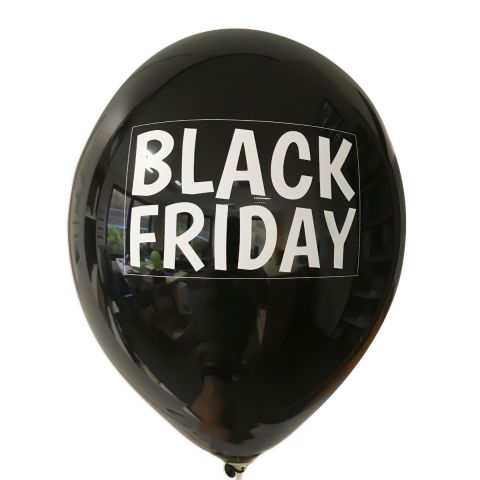 Schwarzer Ballon mit weißem Aufdruck "BLACK FRIDAY" in weißem Rahmen.
