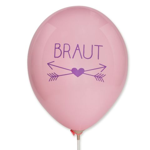 Luftballon in rosa mit einem liafarbenen Aufdruck "BRAUT". Darunter sind 2 gekreuzte Pfeile mit einem mittigen Herz.