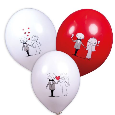 Rote und weiße Ballons mit verschiedenen Motiven: Brautpaar mit herz in der Mitte, Brautpaar Hand in Hand mit Herzchen darüber, Brautpaar Hand ind Hand mit Sektgläsern.