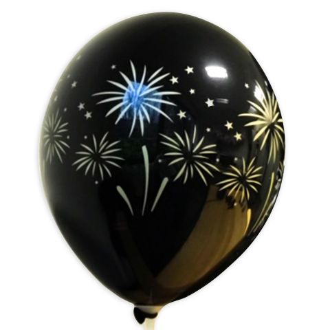 Schwarzer Luftballon aufgedrucktem, goldenen mit Feuerwerk, rundum.