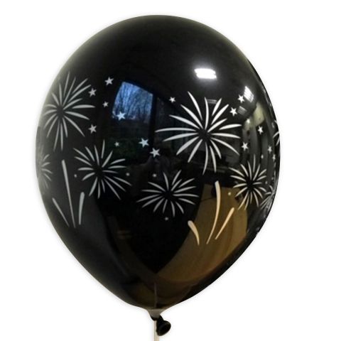 Schwarzer Ballon mit silbernem Aufdruck "Feuerwerk", rundum.