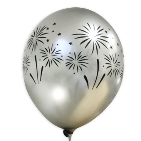 Silberne Ballons mit shcwarzem Feuerwerk-Aufdruck, rundum.