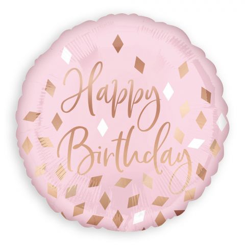 Rosafarbener Folienballon mit goldener Aufschrift "Happy Birthday" und goldenen und weißen Rauten drumherum