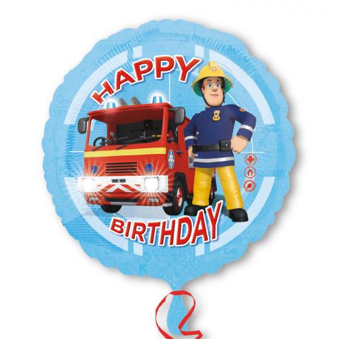 Folienballon rund, Feuerwehrmann Sam udn Aufdruck "Happy Birthday"