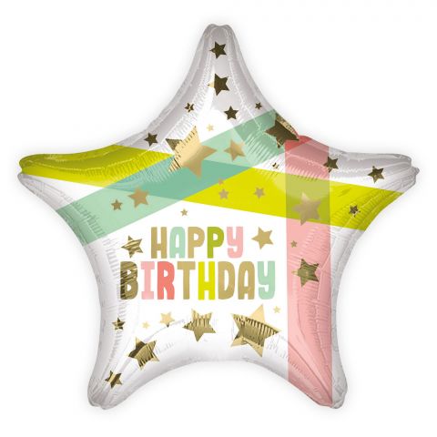 Folienballon in Sternform mit dem Aufdruck "Happy Birthday" in gold und goldenen Sternen und Pastellfarbenen Streifen