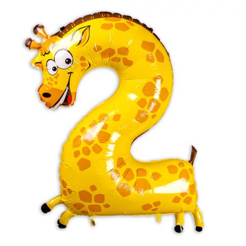 Folienballon Giraffe, Zahl 2, in gelb mit orangen Punkten auf Rücken
