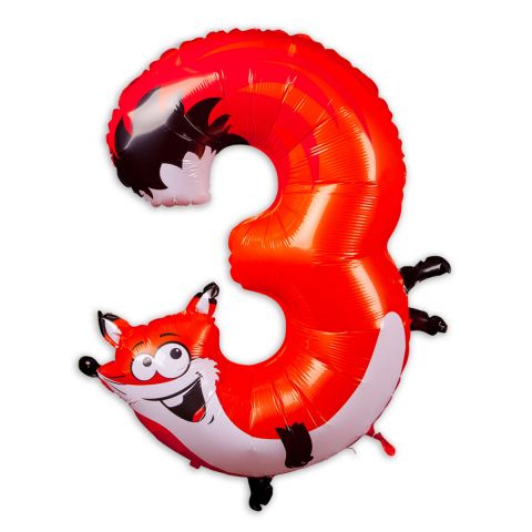 Große "3" als Folienballon in orange/weiß, Tiermotiv: Fuchs.