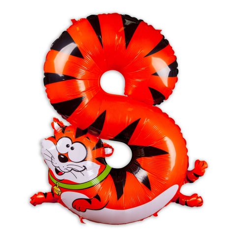 Große "8" als Folienballon in orange/weiß/schwarz, Tiermotiv: Katze.