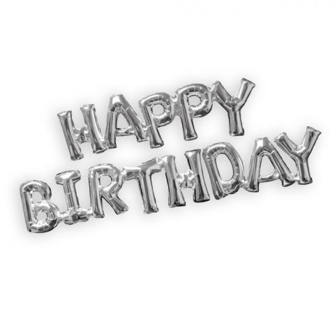 Folienballon-Kette, Schriftzug "Happy Birthday" in silber
