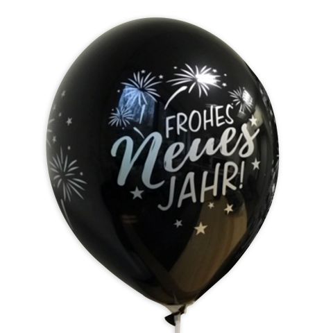 Schwarzer Luftballon mit silbernem Audruck "Frohes neues Jahr" mit Feuerwerk.