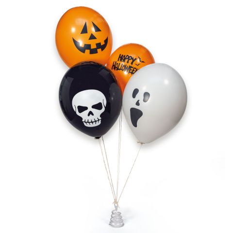 Gasgefüllte orange, schwarze und weiße Ballons mit aufgedrucktem Halloweenmotiv. Kürbisgesicht, Totenkopf, Halloweenschriftzug, Geistergesicht.