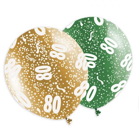 Rundum bedruckte, bunte Luftballons mit weißem Aufdruck "80" fürs Jubiläum, runden Geburtstag oder das Familienfest.