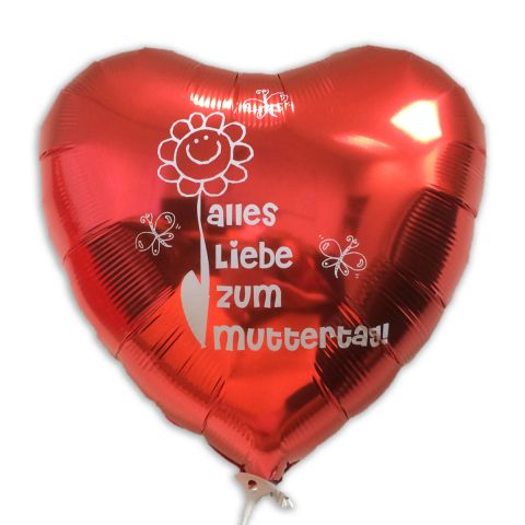 Roter Folienballon mit weißem Aufdruck "Alles Liebe zum Muttertag". Drumherum 3 Schmetterlinge und eine Sonnenblume.
