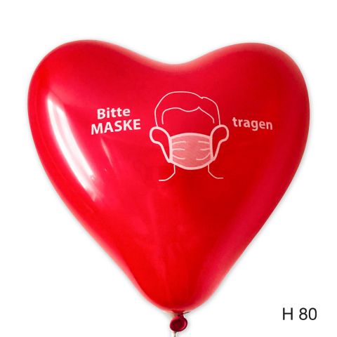 Roter Herzballons mit Aufdruck "Bitte Maske tragen"