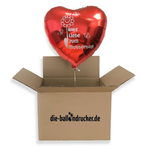 Roter Folienballon mit Aufdruck "Alles Liebe zum Muttertag" der aus Karton schwebt