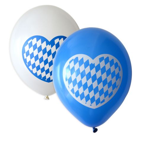 blaue und weiße Luftballons mit Motiv: Rautenherz (großes Herz, gefüllt mit Rautenmotiv). Blauer Druck auf weißen Ballons ud weißer Druck auf blauen Ballons.