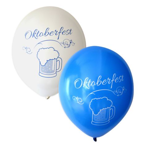 weiße Ballons mit blauem Aufdruck und blaue Ballons mit weißem Aufdruck. Motiv: Schriftzug Oktoberfest und Humpen