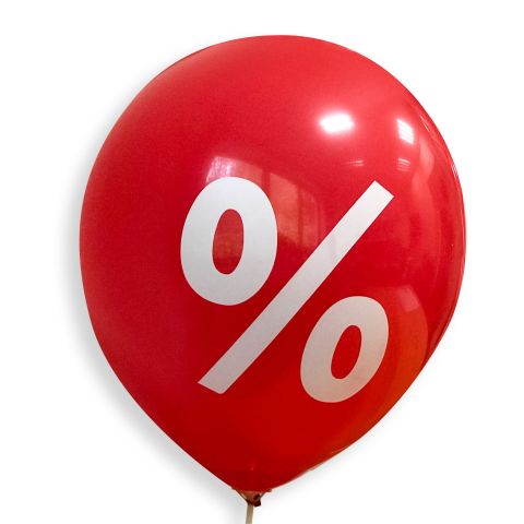 Rote Ballons mit weißem Prozentzeichen bedruckt, Sale