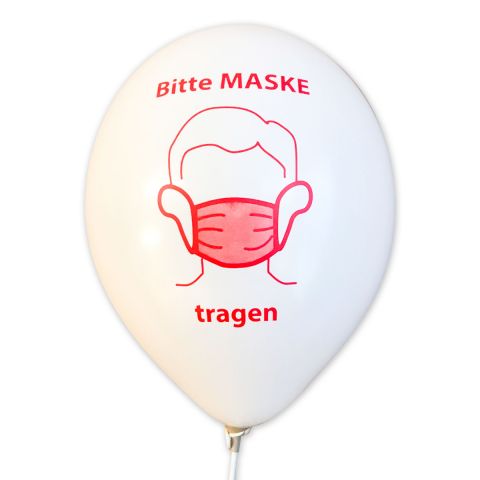 weißer Luftballon mit  Corona-Hinweis "Bitte Maske tragen" in rot