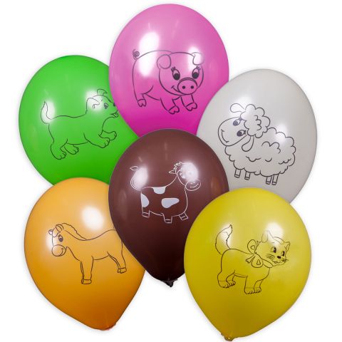 Bunte Luftballons mit schwarzen unterschiedlichen aufgedruckten Tiermotiven: Hund, Schweinchen, Schaf, Kuh, Pony, Katze.