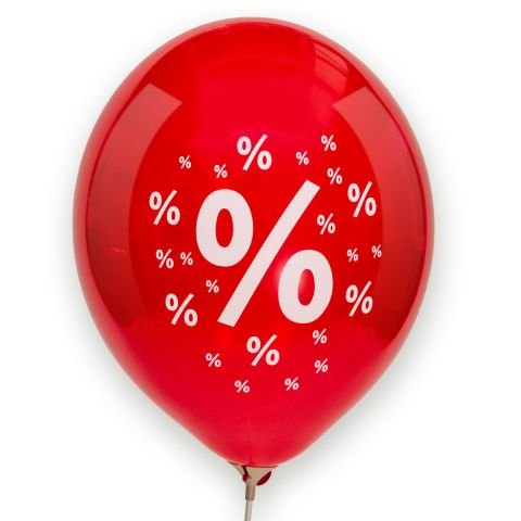 Roter Luftballon mit 1 großen und vielen kleinen Prozentzeichen drumherum.
